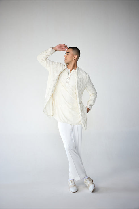 RTW-Chessboard Open Short Achkan with No Collar Kurta Set
