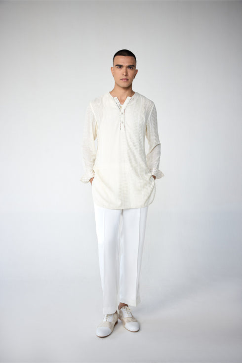 RTW-Chessboard Open Short Achkan with No Collar Kurta Set