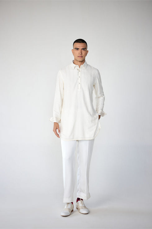 RTW-Chessboard Open Short Achkan with Shirt Collar Kurta Set