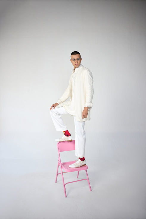 RTW-Chessboard Open Short Achkan with Shirt Collar Kurta Set
